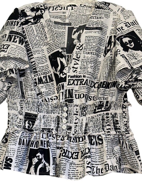 I Live 4 Truth Tops - Newspaper Print Peplum Top With Smocked Waist And Button Front - Black & White -
